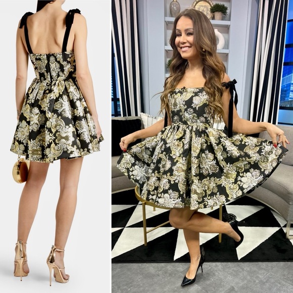 Alice + Olivia Fay Jacquard Corset Metallic Mini Dress Black Gold Silver 4 Small - Picture 13 of 14